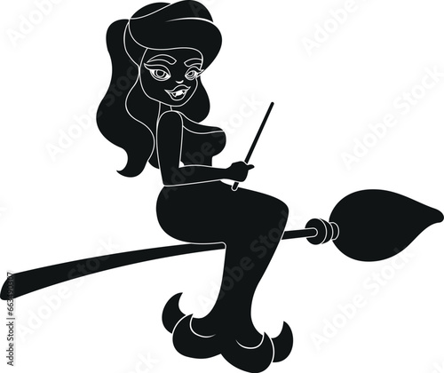Cartoon Black and White Illustration Vector Of A Witch With Long Hair Flying On A Broomstick Holding A Wand