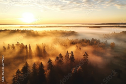 Breathtaking aerial view of a colorful autumn forest enveloped in low clouds at sunrise, offering a top view of orange and green trees in morning fog.