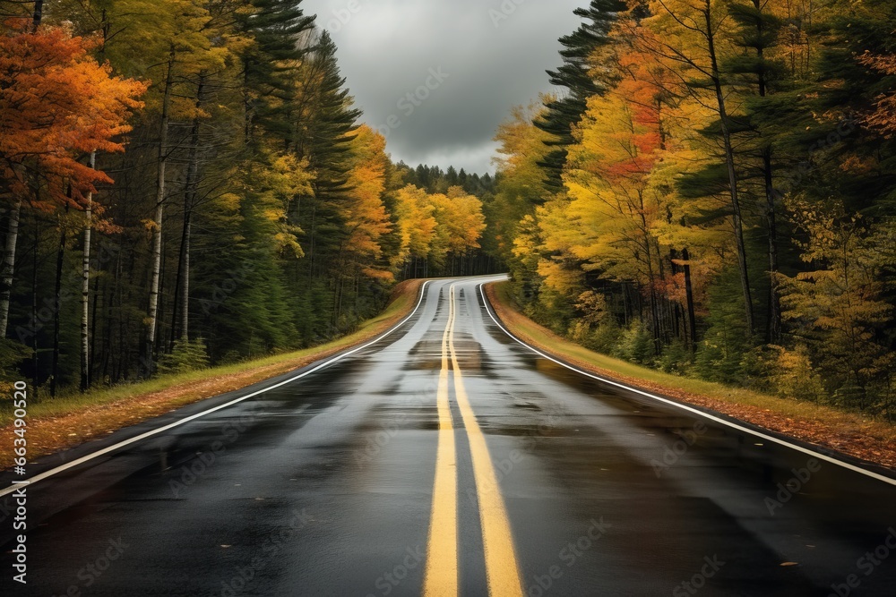 Fototapeta premium A striking, moody photograph of a rural highway winding through a lush forest with vibrant orange and green foliage.