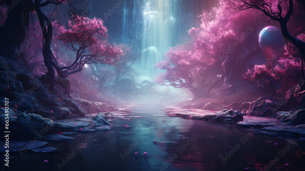 Fototapeta premium A captivating forest, illuminated with ethereal hues of teal and lilac, takes viewers into an enchanting realm.