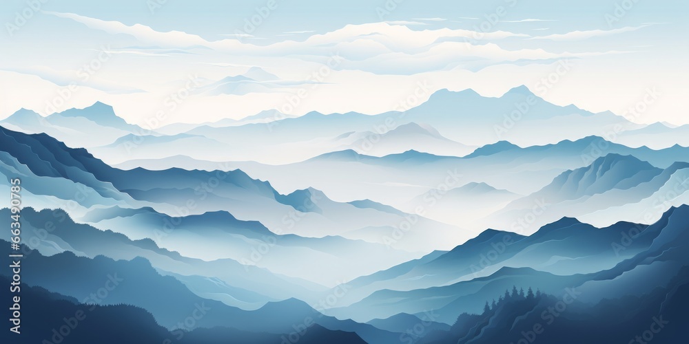 Illustration of an abstract, foggy mountain landscape in the morning with a blue tint, great for conveying an otherworldly, dreamy feel.