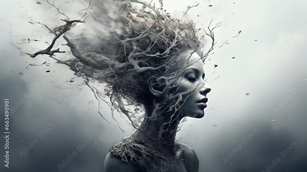 a woman's head with branches and branches on it. generative ai a woman's head with branches and branches on it. generative ai