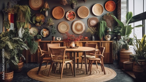 Interior design inspiration of Bohemian Eclectic style home dining room loveliness decorated with Rattan and Velvet material and Gallery Wall .Generative AI home interior design . photo