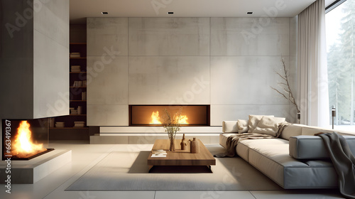 Minimalist style interior design of modern living room with fireplace and concrete walls. Created with generative