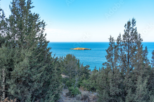 Mediterranean sea front is Baths of Aphrodite beach in Polis, Cyprus.