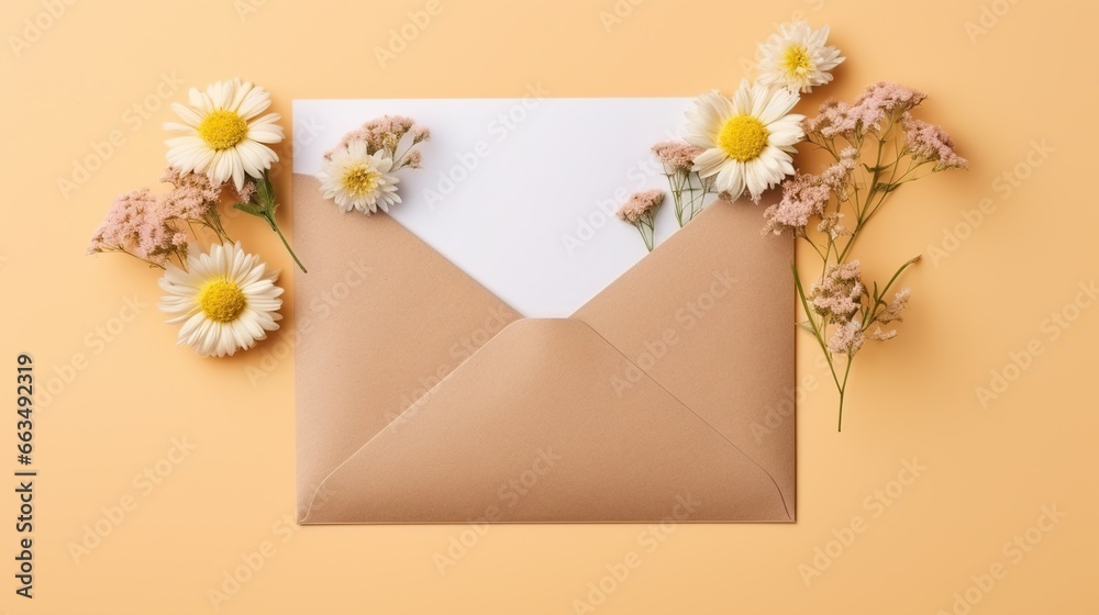 brown envelope with blank paper and bright flower on yellow pastel background. AI generated image