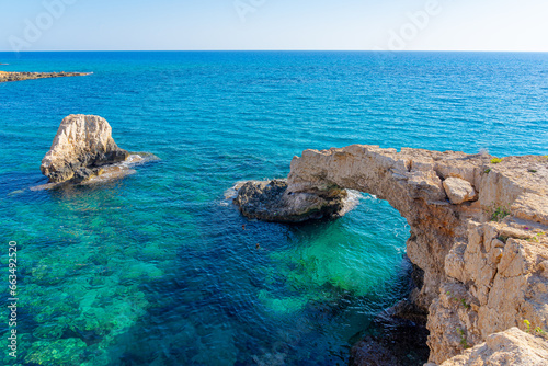 The bridge of love. Natural rock formation in the shape of a bridge in the town of Ayia Napa, Cyprus. Captured in September 2023.