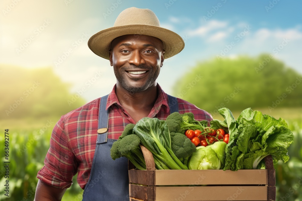 happy african american farmer hold a wooden box with vibrant fresh harvest of vegetables and greenery happy african american farmer hold a wooden box with vibrant fresh harvest of vegetables and greenery