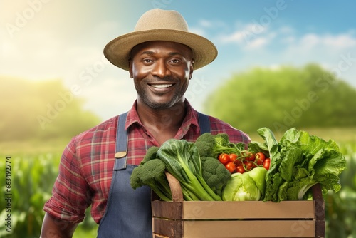 happy african american farmer hold a wooden box with vibrant fresh harvest of vegetables and greenery