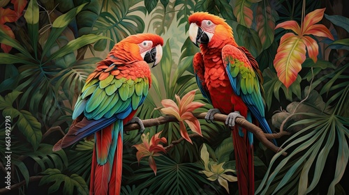  two colorful parrots sitting on a tree branch in a jungle.  generative ai © Olga