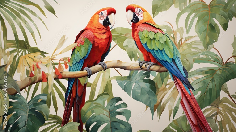  two colorful parrots sitting on a branch of a tree.  generative ai
