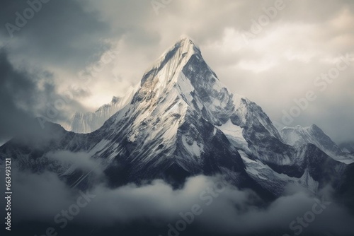 A snowy mountain with clouds beneath a cloudy sky. Generative AI