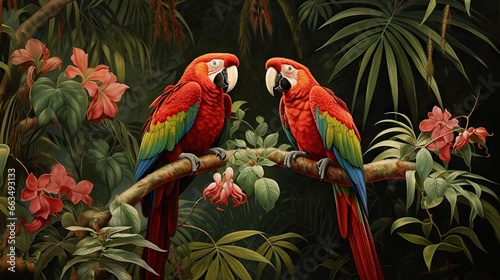  two parrots sitting on a branch in a tropical forest. generative ai