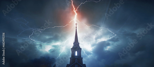 forked lightning by church spire. AI generated.