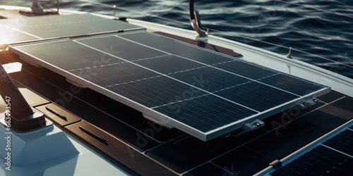 Close-up of solar panels integrated on the deck of a boat. On board energy generation as an additional power supply for yachts and hybrid or electric ships. photo