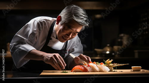 Chef making sushi, food, eating, restaurant, meal, people, chef, home, kitchen, table, dinner, person, smiling, lunch, drink, cooking, sitting, plate, men, cook, breakfast, diet, wine, eat photo