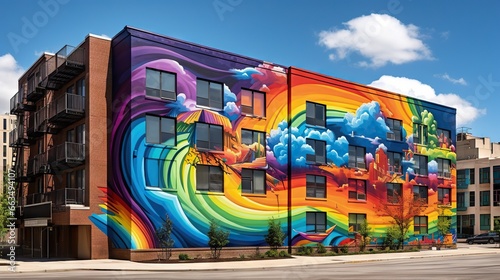  a multicolored building with a rainbow painted on it. generative ai