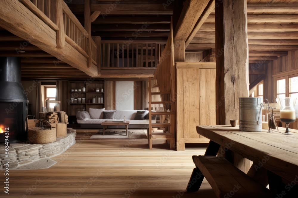 interior of chalet  with unpainted wood and natural materials