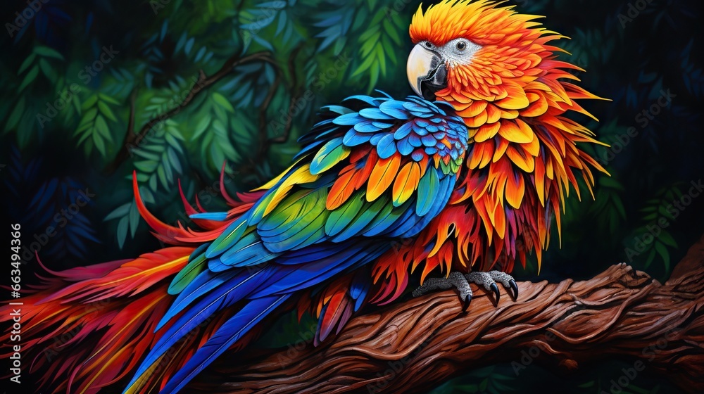 Obraz premium a brightly colored parrot perched on a tree branch in a forest. generative ai