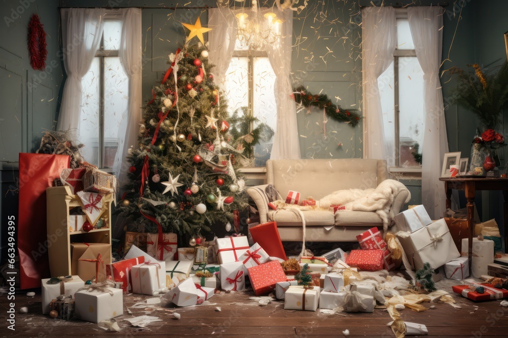 Mess after opening gifts under Christmas tree. Mental health issues during holidays season.