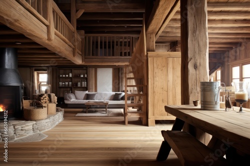 interior of chalet  with unpainted wood and natural materials