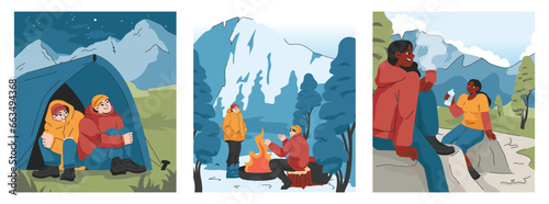 Mountaineering set. Mountain climbers with backpacks during nature