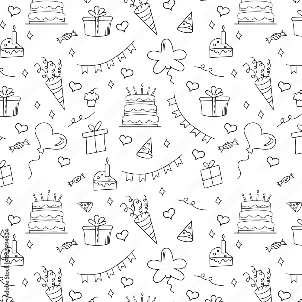 Birthday seamless pattern with cake, garland of flags, confetti and gift boxes. Hand drawn elements. holidays and party concept. Birthday seamless pattern with cake, garland of flags, confetti and gift boxes. Hand drawn elements. holidays and party concept.