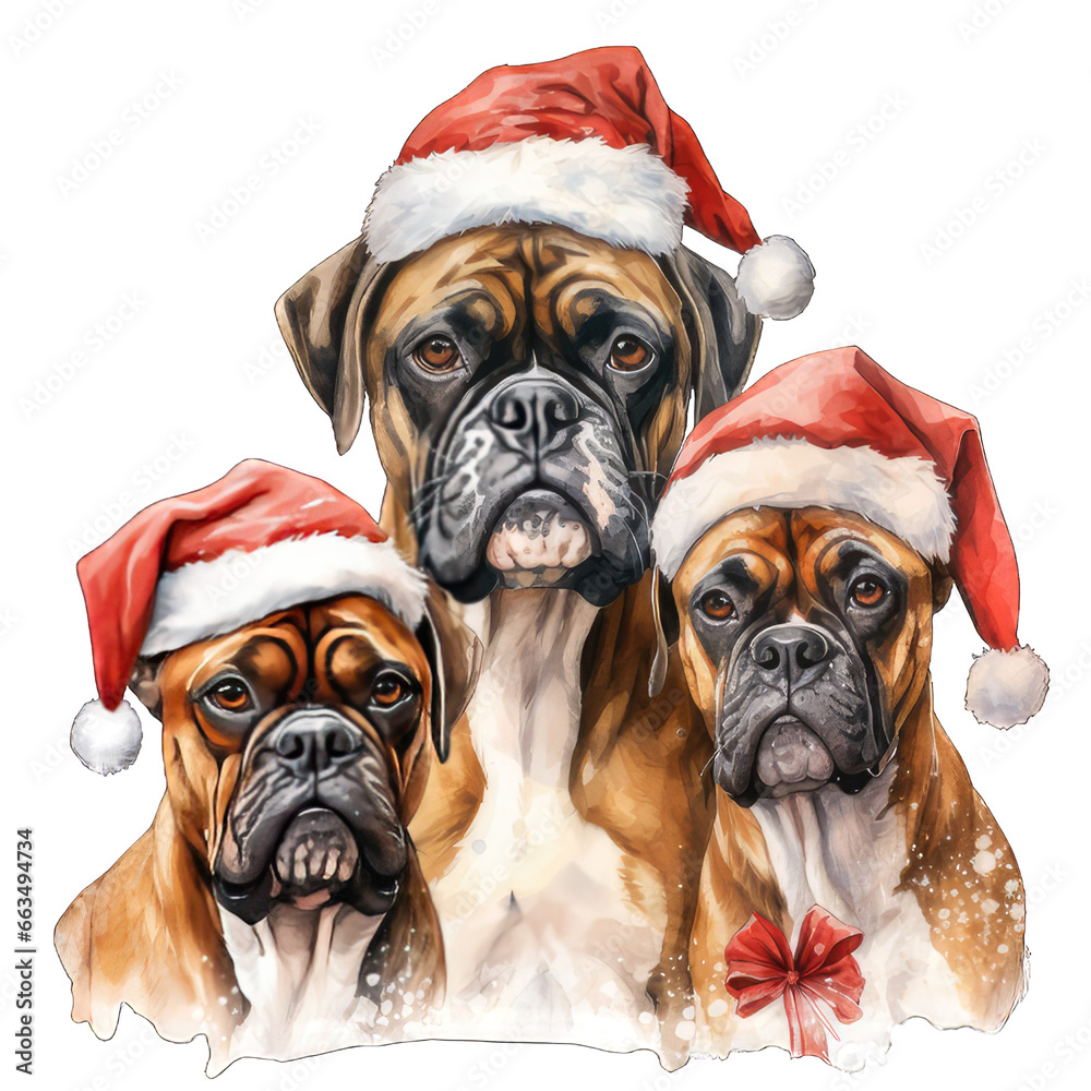Three Cute Christmas Boxer Dog Wearing Santa Hat Transparent Watercolor Png Graphic