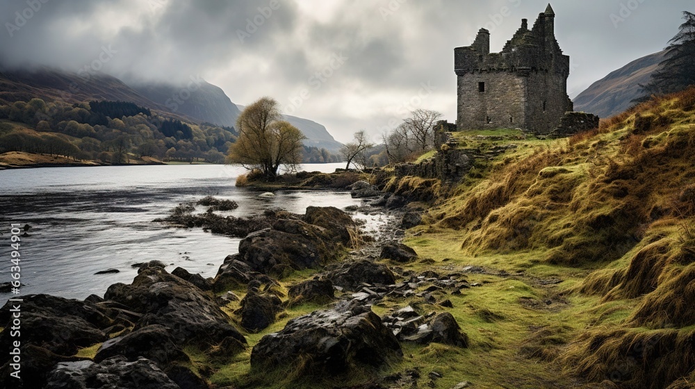Decaying castle in the Scottish landscape, a beautiful scene of the old ruined castle. Created with Generative Ai technology. Decaying castle in the Scottish landscape, a beautiful scene of the old ruined castle. Created with Generative Ai technology.
