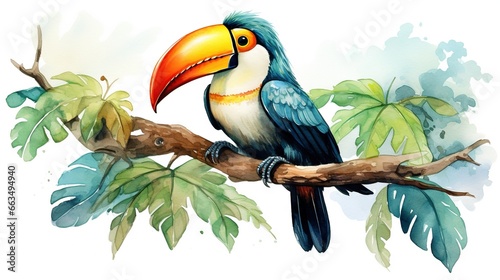  a colorful bird sitting on a branch of a tree with leaves.  generative ai