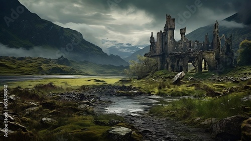 Decaying castle in the Scottish landscape  a beautiful scene of the old ruined castle. Created with Generative Ai technology.