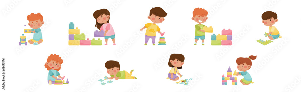 Happy Children Playing Toy in the Nursery Vector Illustration Set Happy Children Playing Toy in the Nursery Vector Illustration Set