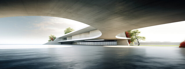 Empty abstract architecture building in minimal concrete design with open space floor courtyard white podium and curved walls museum plaza as wide display showroom mockup environment background