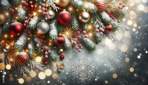 Postcard background with copy space of Christmas and new year holiday. Christmas tree with gold and red decorations  snow  bright balls. Concept of celebration. Ai generative