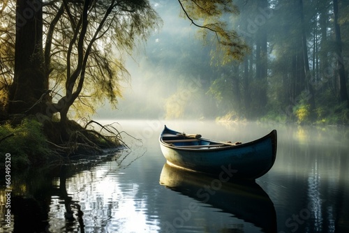 Peaceful river with a tranquil boat. Generative AI