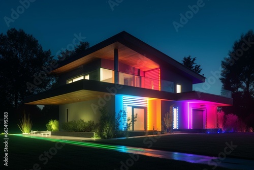 House illuminated with neon lights, displaying energy certification color scale, promoting energy efficiency and sustainability. Generative AI