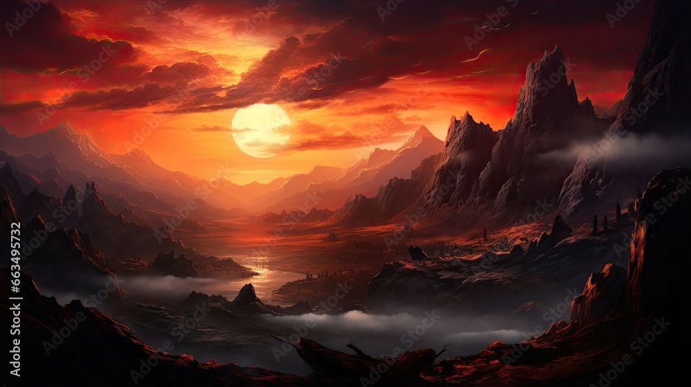  a painting of a sunset over a mountain range with a river running through it.  generative ai