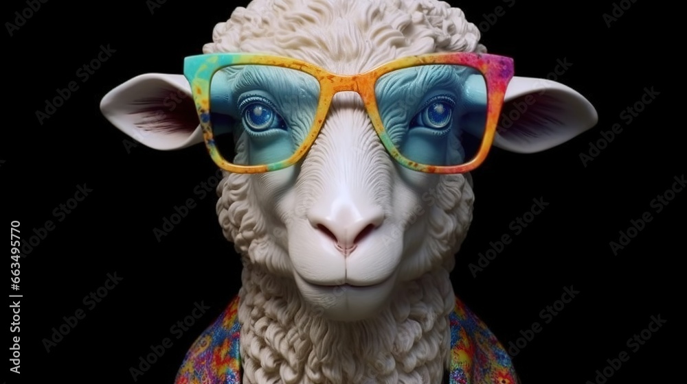Fototapeta premium Muzzle of a fashionable sheep. Illustration of ewe with dark glasses on black background. Animal fashion. Printed design of t-shirt, bag and other goods.