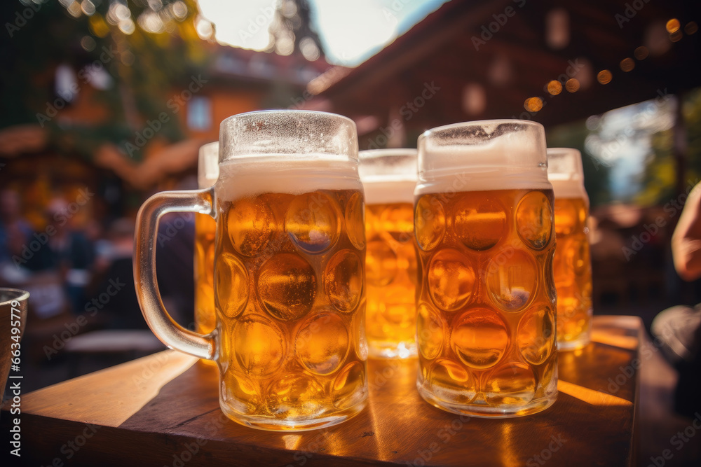 Mugs of fresh cold beer on wooden bar table. Oktoberfest