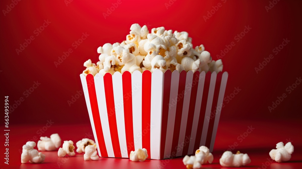 Striped red white box color with popcorn on red background. AI generated image