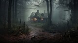A wooden house at night with glowing windows. An old haunted house in a dark forest. Mystical scene. Halloween. Illustration for cover, postcard, greeting card, interior design, decor or print.