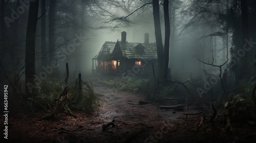 A wooden house at night with glowing windows. An old haunted house in a dark forest. Mystical scene. Halloween. Illustration for cover, postcard, greeting card, interior design, decor or print. photo