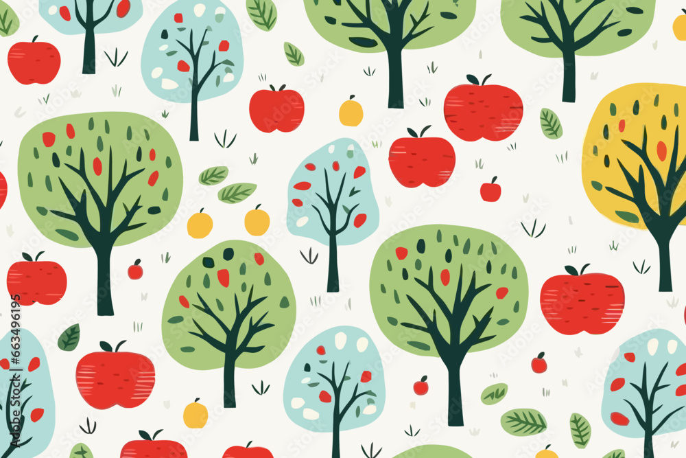 Apple orchard illustrations quirky doodle pattern, wallpaper, background, cartoon, vector, whimsical Illustration - obrazy, fototapety, plakaty 