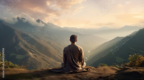  a man sitting on a hill looking at a valley and mountains.  generative ai