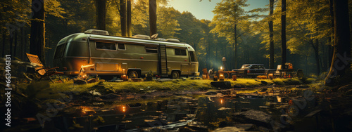 camping in autumn forest. nature, getting away, real moments and local travel concept. travel trailer with lights   among the trees. banner photo