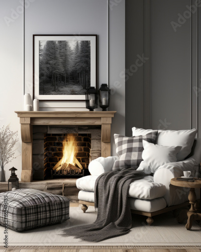 Modern interior with armchaire and fireplace. Copy space, house design, luxury lifestyle, relax and holiday concept. Scandinavian style photo