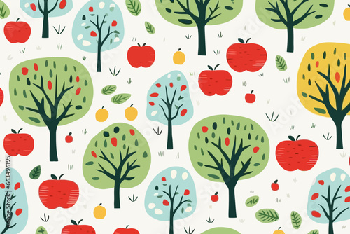 Apple orchard illustrations quirky doodle pattern, wallpaper, background, cartoon, vector, whimsical Illustration
