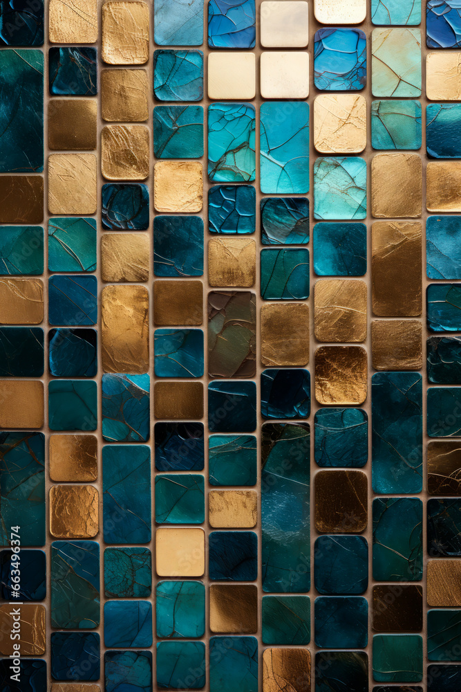 Close up of mosaic tile wall with gold and blue tiles.