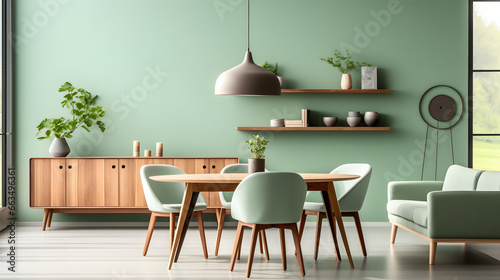 Mint color chairs at round wooden dining table in room with sofa and cabinet near green wall. Scandinavian  mid-century home interior design of modern living room.