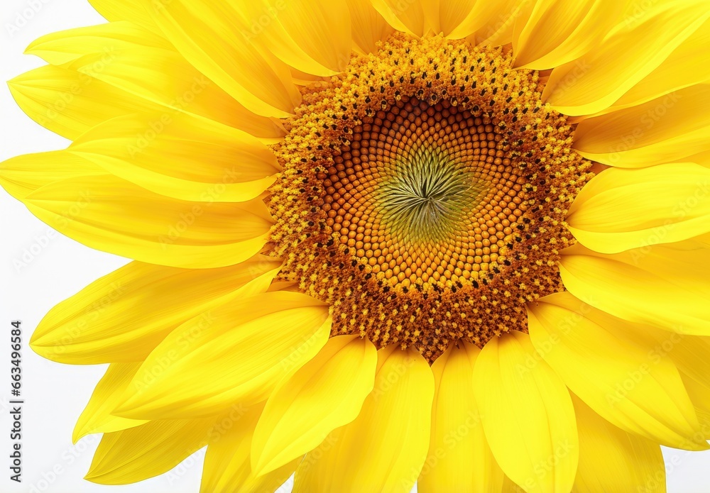 Naklejka premium Close-up of a sunflower isolated on a white background. Floral abstract backdrop. Illustration for cover, card, postcard, interior design, decor or print.